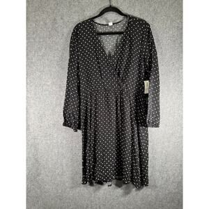 Old Navy Dress Women Large Black Polka Dot‎ Faux Wrap Long Sleeve Midi Flowy NWT